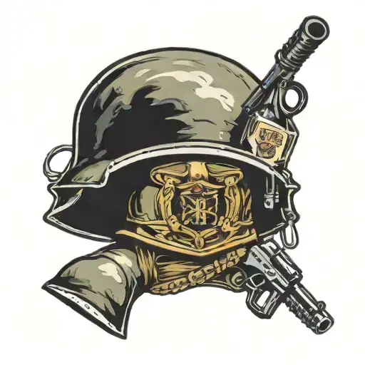 army helmet on top of gun with bottle of hennessy leaning against the gun tattoo design idea