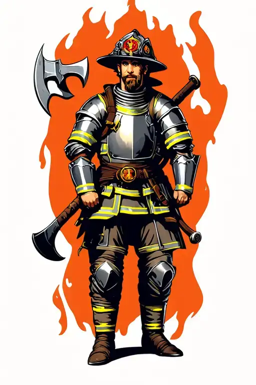 Firefighter in medieval armor wielding an axe  tattoo design idea