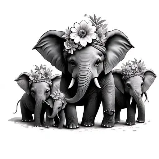 mom and 4 baby elephants with flower with flower head wraps tattoo design idea