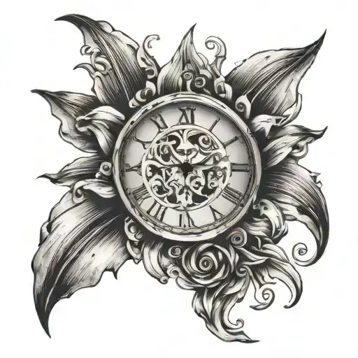 lily flower, clock with roman numerals, yhwh name tattoo design idea