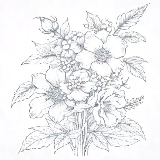 december and july birth flowers in a bouquet. the stem leads into the words “1971” tattoo design idea