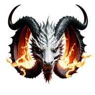 black and white dragon with 3d scales and big horns breathing fire front face tattoo design idea