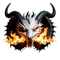 black and white dragon with 3d scales and big horns breathing fire front face tattoo design idea