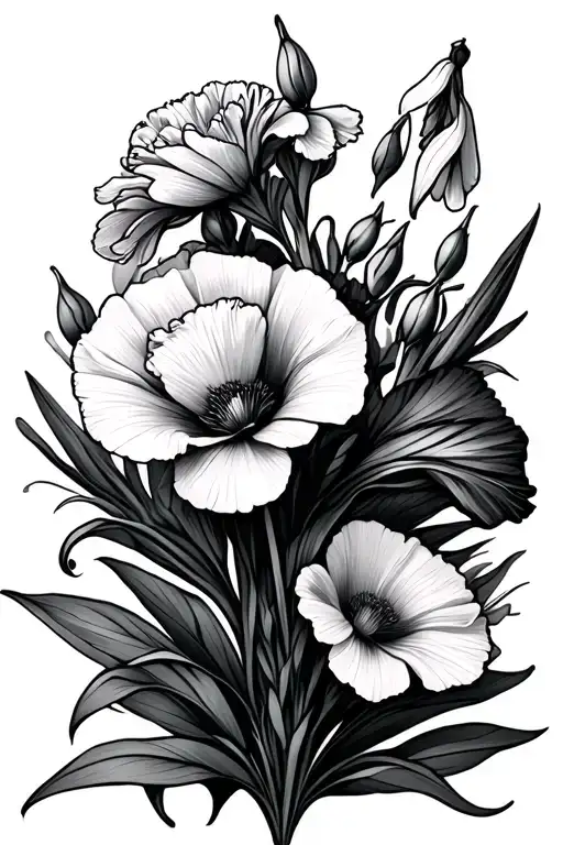 gladiolus, carnation, snowdrop, poppy flower tattoo design idea