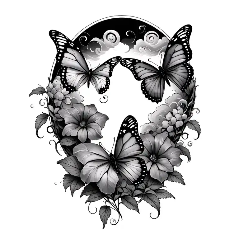 butterflies and clouds swirling morning glory vine tattoo design idea