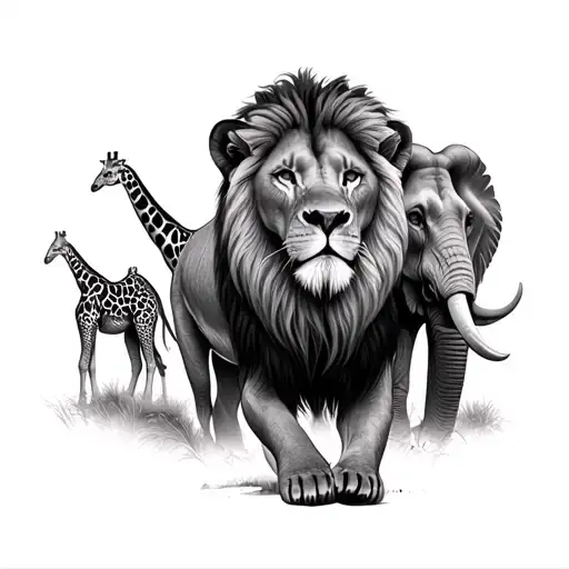A whole lion aggrasive is in the foreground in the middle with giraffe and elephant in the background tattoo design idea