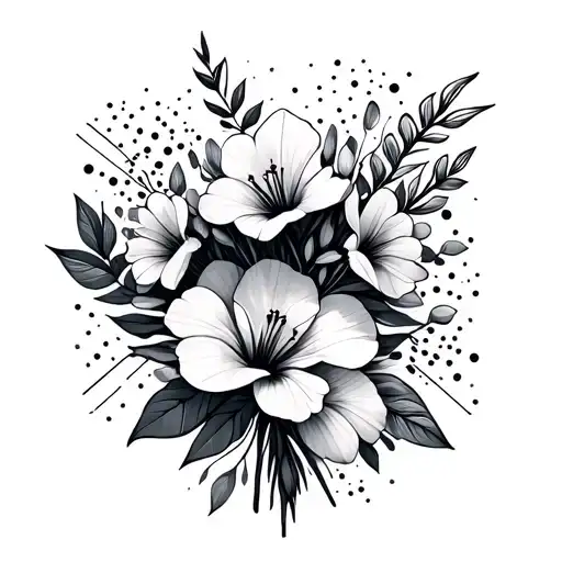 A bouquet of exotic flowers intertwined with geometric shapes and dots tattoo design idea