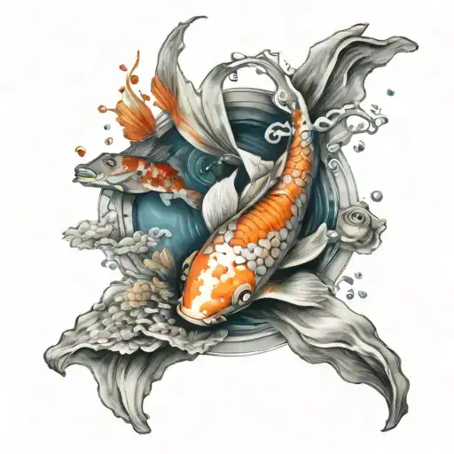 under water scene, koi fish with a goldfish, half sleeve, full color  tattoo design idea