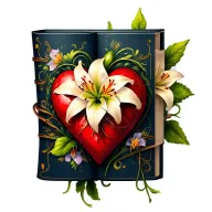 cartoon book wi a heart, a cross with rosarie wrapped and sartgazer lily tattoo design idea