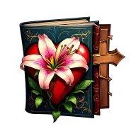 cartoon book wi a heart, a cross with rosarie wrapped and sartgazer lily tattoo design idea