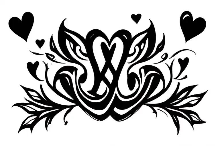 The letter B and w together with hearts on top and at the bottom of be in smiley face tattoo design idea