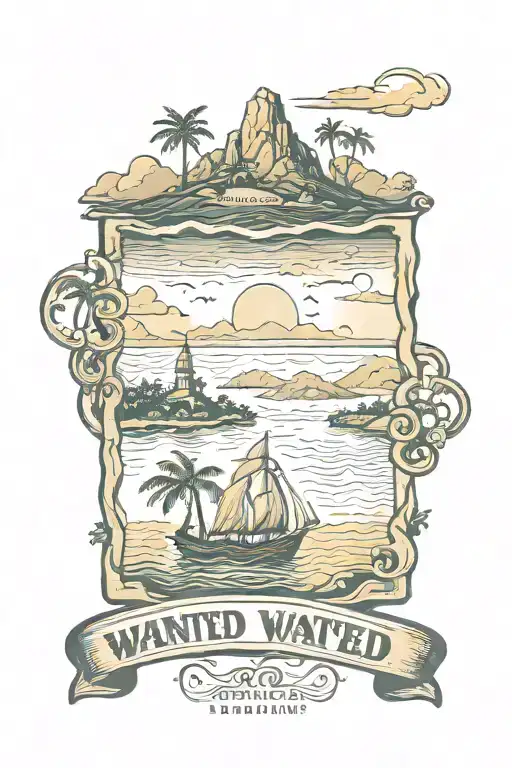 wanted poster with sunny island landscape tattoo design idea