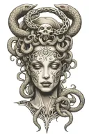 White Medusa angel type with snakes on head and hands on her face tattoo design idea