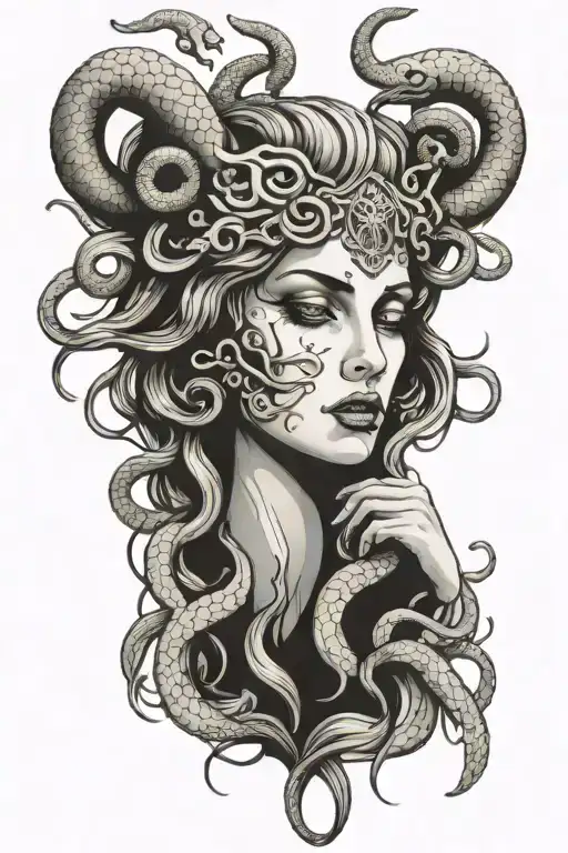White Medusa angel type with snakes on head and hands on her face tattoo design idea