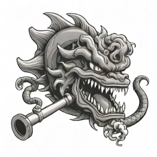 Eternal dragon shinron from the dragon ball z cartoons spiraling up a water pipe bong taking a hit with smoke rolling ou tattoo design idea