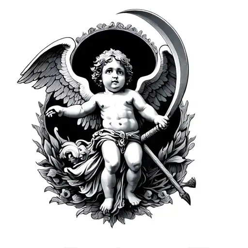 cherub holding scythe hovering tattoo design idea