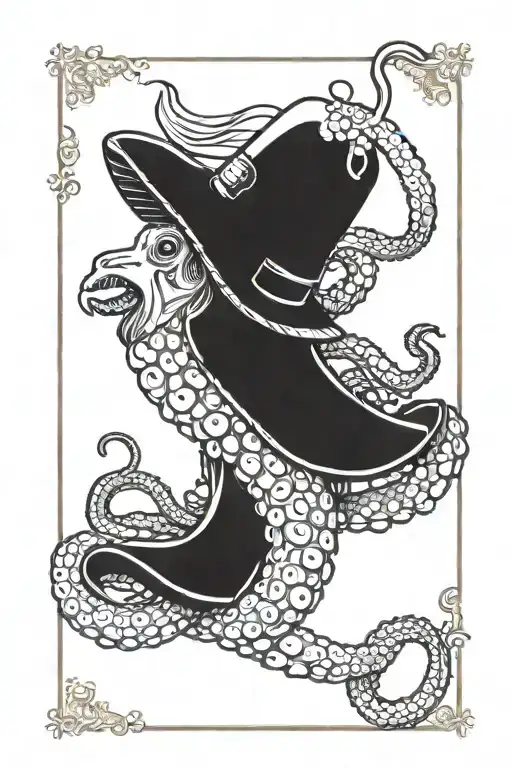 A simple tarot card that depicts a patagonian red octopus wearing a wizard hat. tattoo design idea