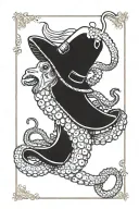 A simple tarot card that depicts a patagonian red octopus wearing a wizard hat. tattoo design idea