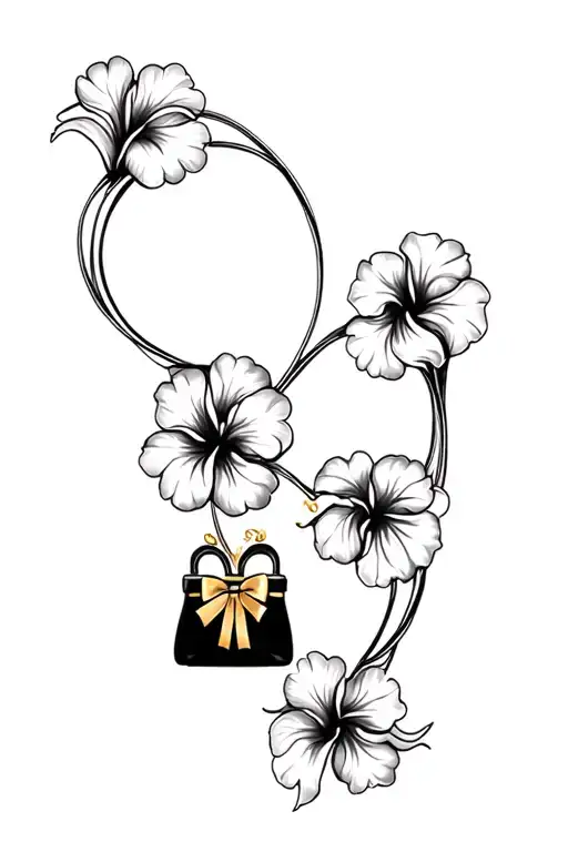 multiple black and grey hibiscus flowers around black purse and gold bow tattoo design idea
