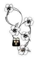 multiple black and grey hibiscus flowers around black purse and gold bow tattoo design idea