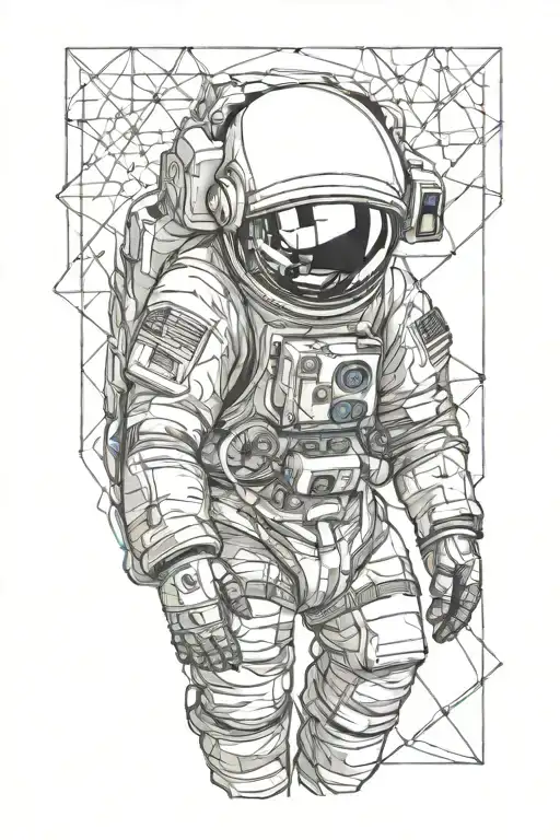 astronaut with moon reflecting in helmet, morphing into geometric abstract art as it goes down tattoo design idea