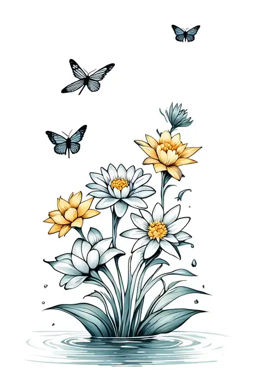 Water lily, marigold, daffodil, daisy with butterfly on each flower with dragonfly flying above  tattoo design idea