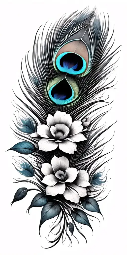 peacock feathers with flowers tattoo design idea