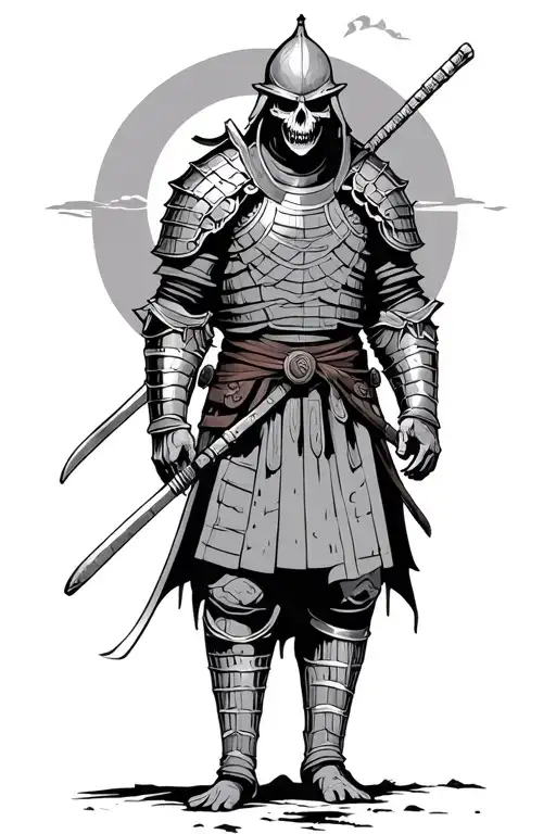 a lonely undead samurai in armor standing sideways to the setting sun tattoo design idea