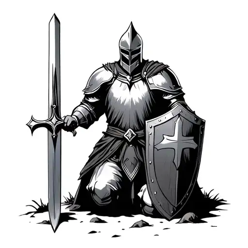 the knight is standing on one knee, his sword stuck in the ground, and he has a shield with a cross in his hands tattoo design idea
