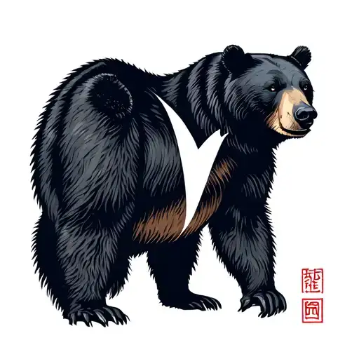Taiwanese Formosan black bear with a white V-chest marking, possibly set against a mountain or forest backdrop. tattoo design idea