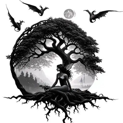 Tree of life with dragons flying from top branches and knoted roots. A dark fairy female sitting near base in a tattered tattoo design idea