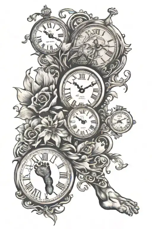 clock with baby foot prints tattoo design idea