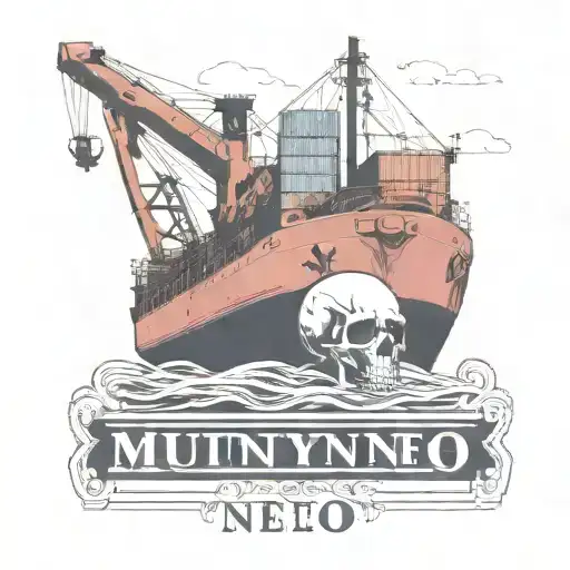 Container Ship with a crane behind and a skull and anchor with text below that says MUTINY tattoo design idea