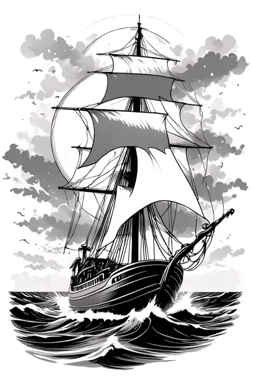 storm and boat sailing towards bright shining full moon tattoo design idea