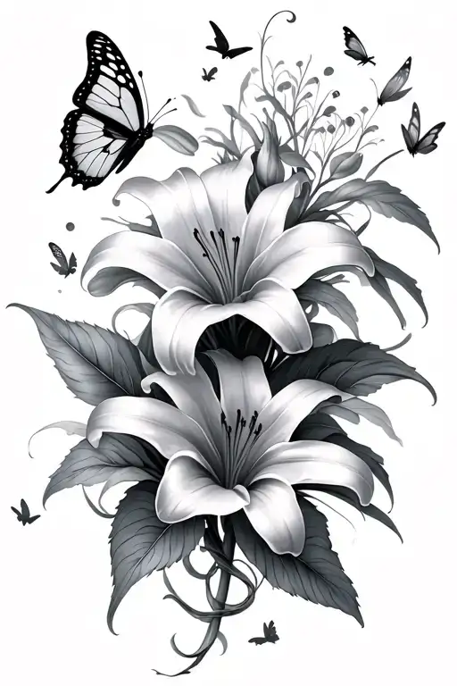 lily intertwined and butterflies fluttering tattoo design idea