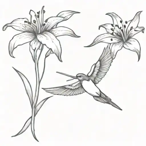 Swallow flying with tiger lilies blooming along tattoo design idea