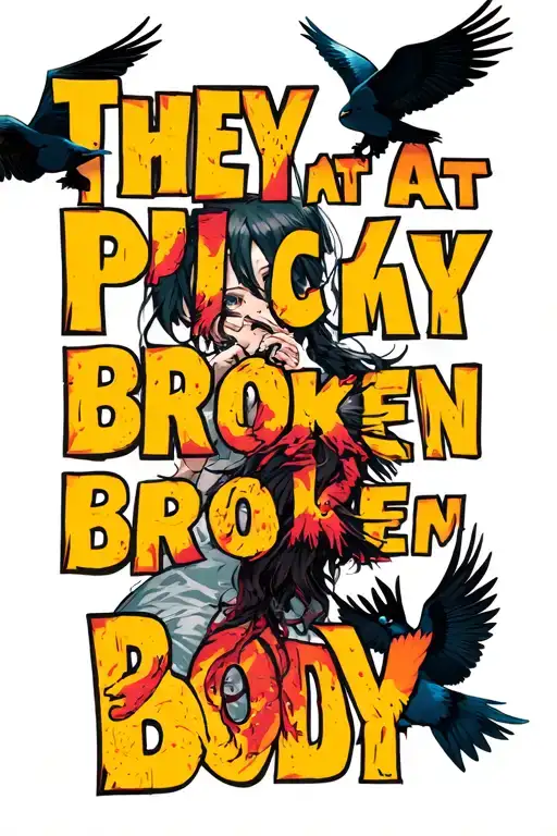 The text" They pick at my broken body" in a bold font and an image of birds attacking a girl tattoo design idea
