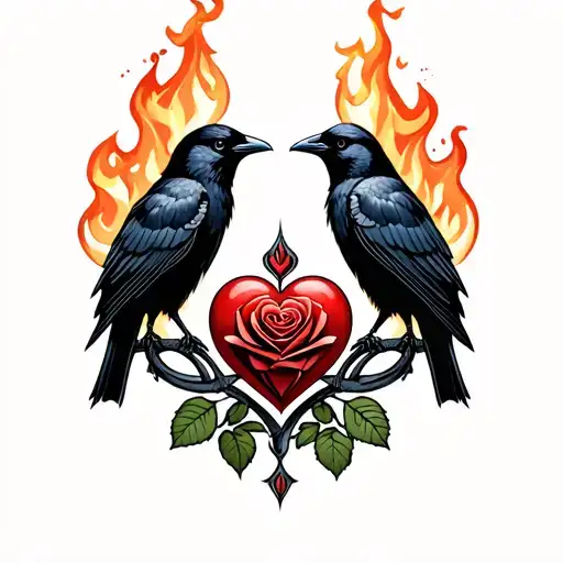 two crows and heart celtic fire rose tattoo design idea