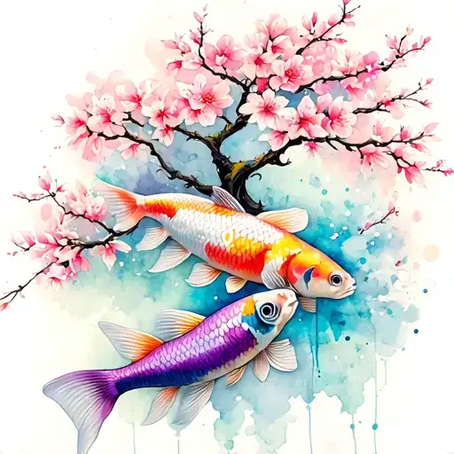 colorful cherry blossom tree with koi fish swimming around it, one that is colored purple and the other is light blue  tattoo design idea