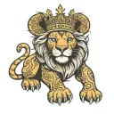 the name Serena written inside a lion wearing a crown tattoo design idea