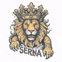 the name Serena written inside a lion wearing a crown tattoo design idea