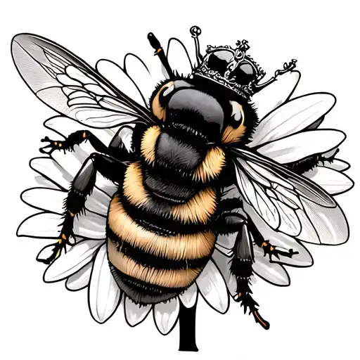 bumble bee with crown on daisy tattoo design idea
