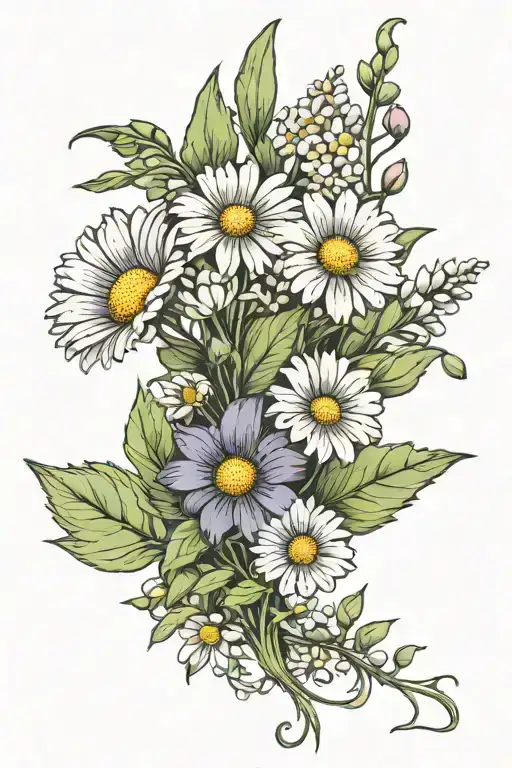 daisy and sweet pea flower arrangement with stem growing tattoo design idea