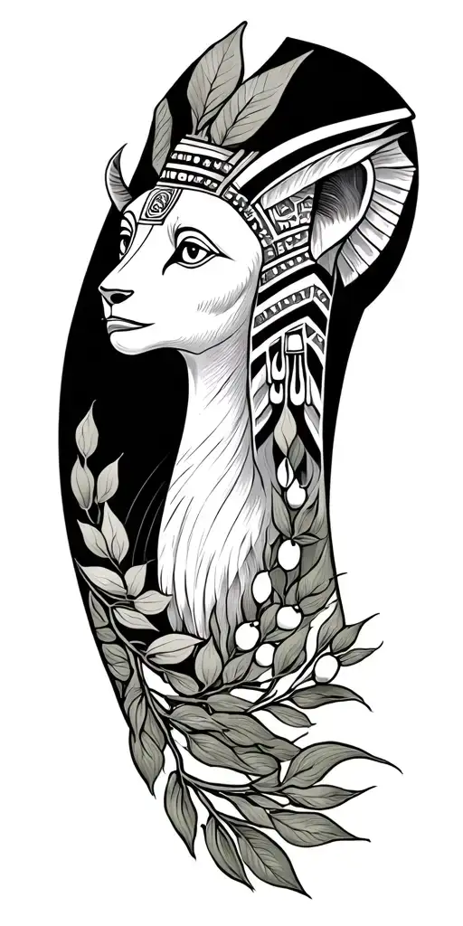 Sekhmet, olive branches, negative space between line work on forearm tattoo design idea