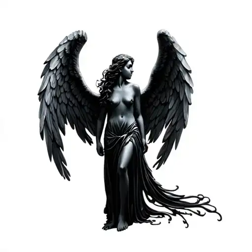 black angel standing on tip toes whispering in ear tattoo design idea