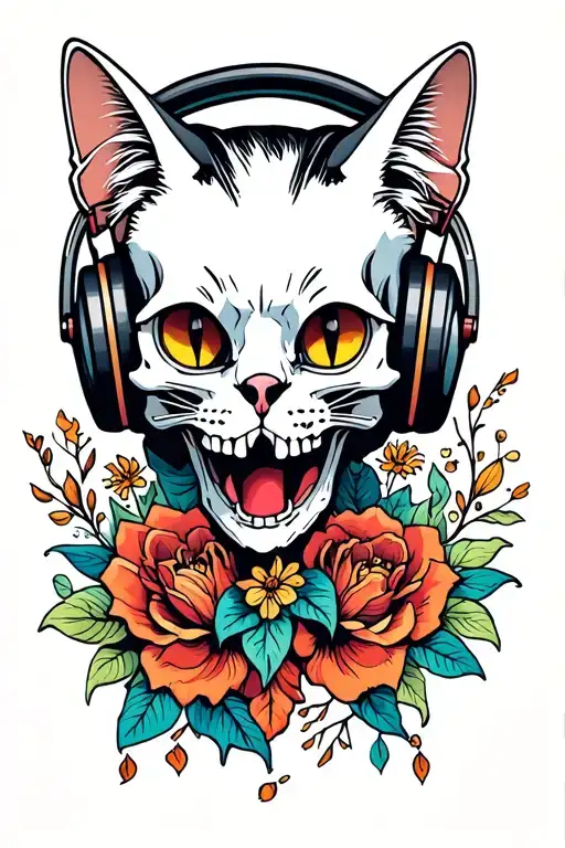 cat skull wearing headphones tattoo design idea