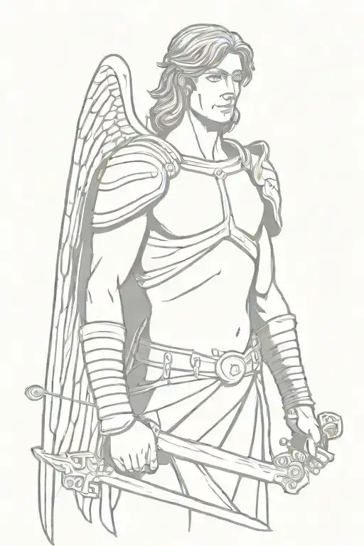 warrior angel with wings and wearing the armor of God, face is hidden and not too detailed holding a sword and ready for tattoo design idea