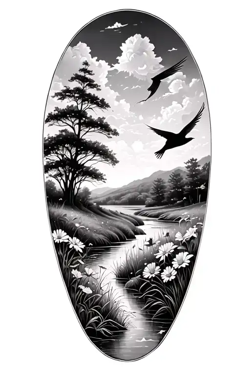 realism prairie landscape with a flowing river and flowers and a shrike bird flying tattoo design idea