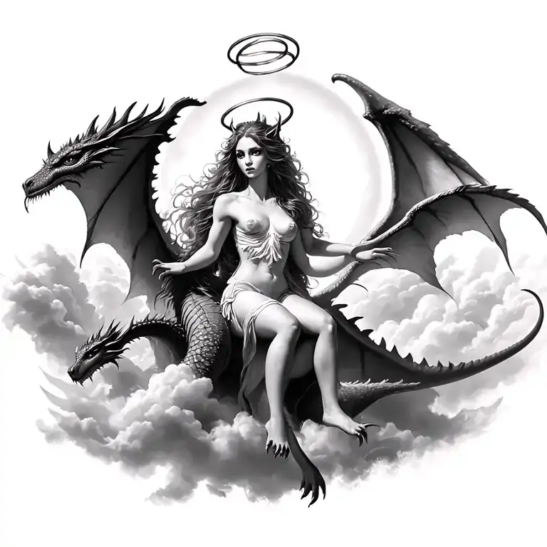grey scale beautiful devil woman with halo riding dragon with fairy wings above the clouds with sun shinning  tattoo design idea