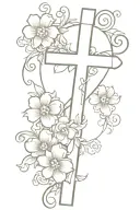 cross with flowers and scroll across the top tattoo design idea